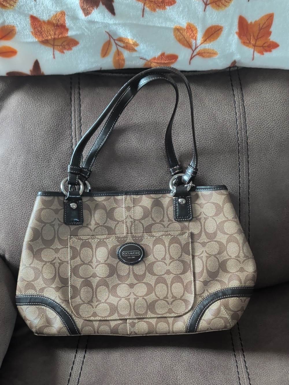 Coach Brown Signature Canvas Shoulder Bag with Dark Trim